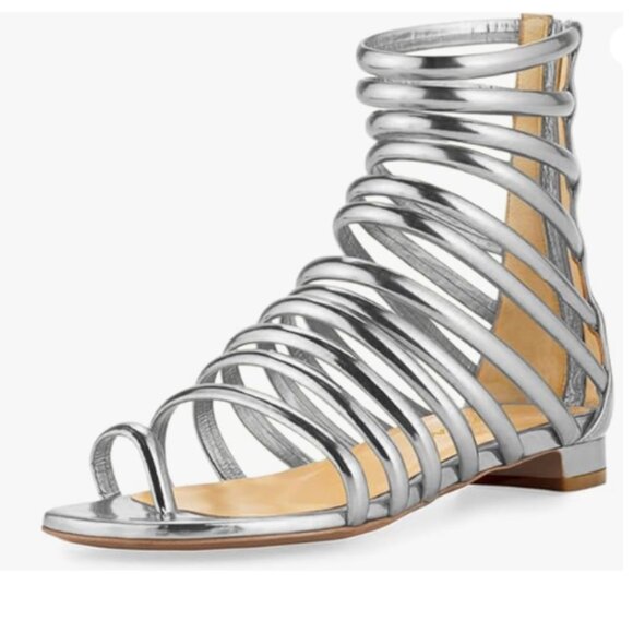 YDN Silver Sexy Gladiator Sandals Square Open Toe Zippers Strappy Flats Shoes - Picture 1 of 8